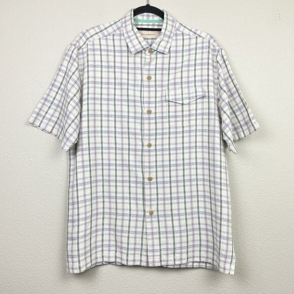 Tommy Bahama Men's Medium 100% Silk Short Sleeve Collared Shirt Plaid Cream - Picture 1 of 16